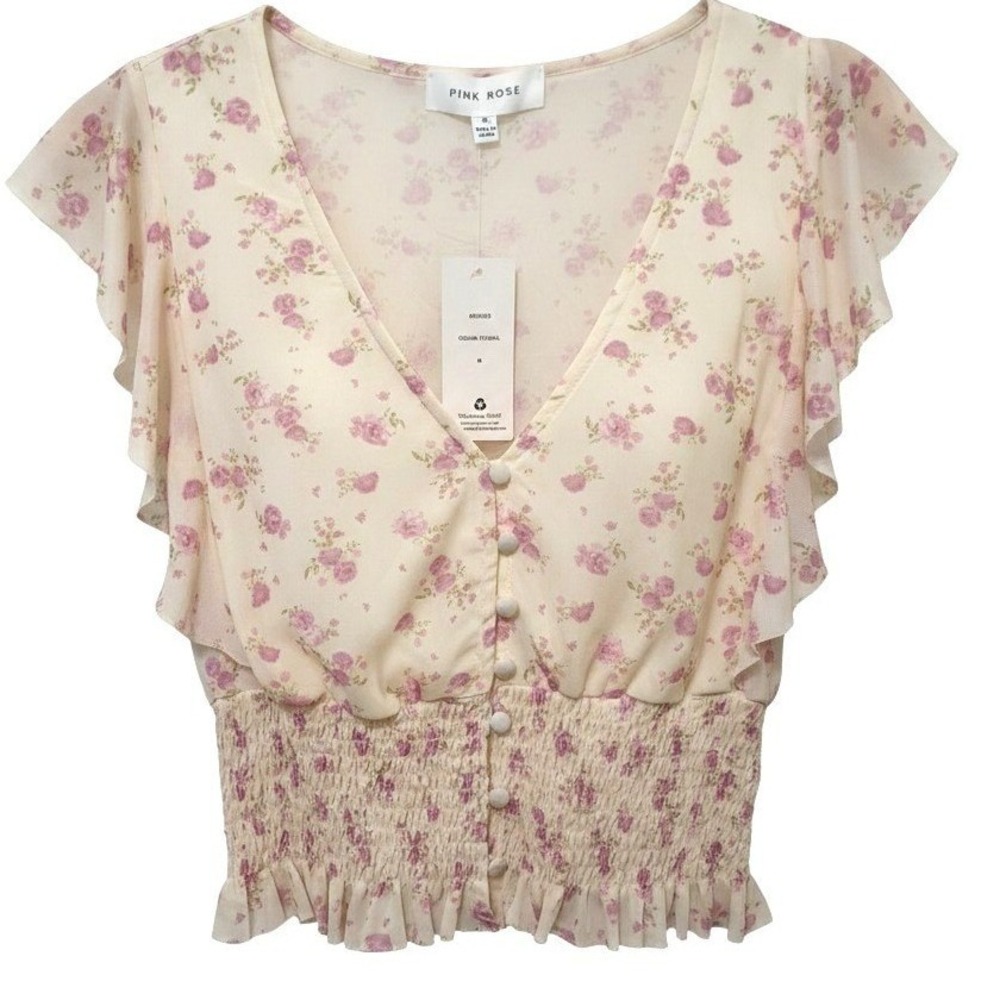 Pink Rose Cream Floral Mesh Smocked Button Front Flutter Sleeve Crop Top Medium